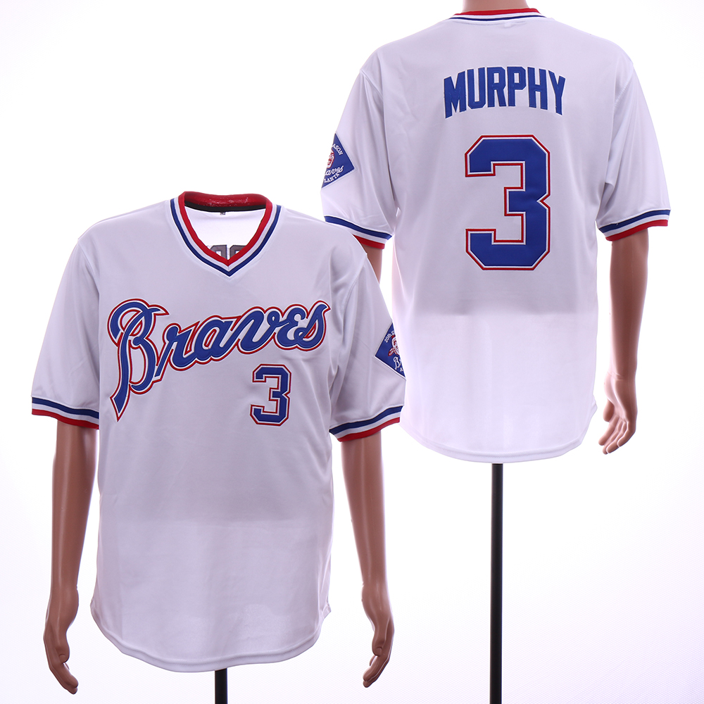 Men Atlanta Braves #3 Murphy White Throwback MLB Jerseys